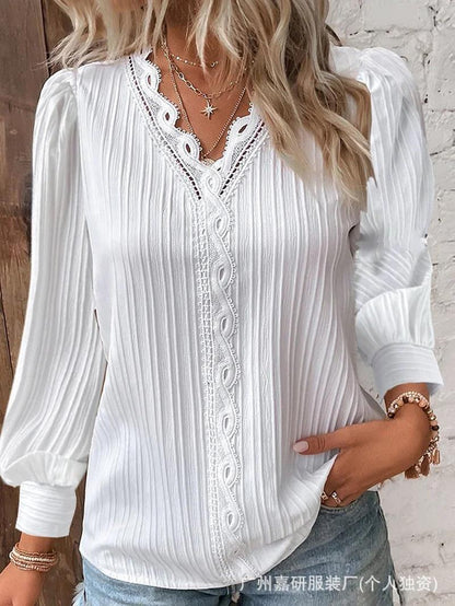 2025 Cross-Border Hot Selling Amazon Autum Long-Sleeved V Neck Lace Splicing Shirt Women's Shirt Women's Clothing Ready Supply