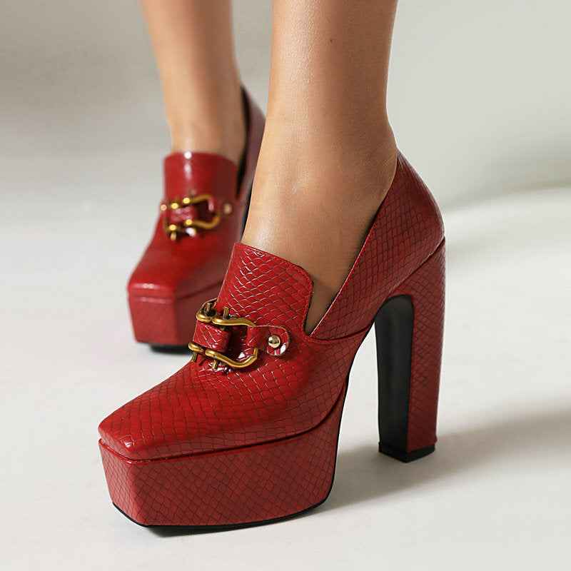 High Heels, Snake Print Square Toe, Thick Sole, Chunky Heel Women's Shoes