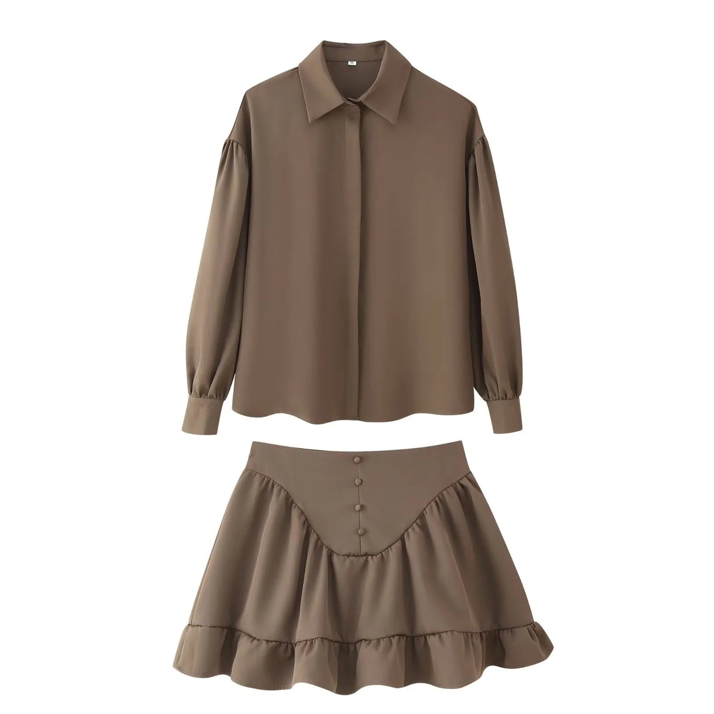 Women's Fashion Lapel Buttoned Blouse with Ruffle Hem Skirt Set