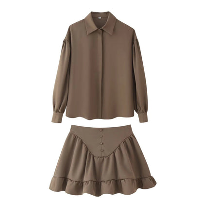 Women's Fashion Lapel Buttoned Blouse with Ruffle Hem Skirt Set