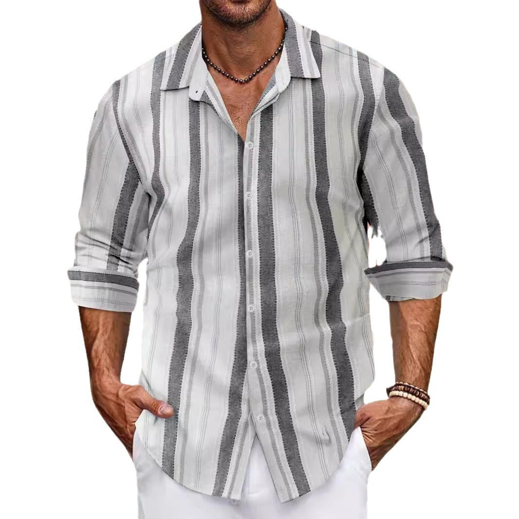 Color woven striped cotton linen button men's lapel long sleeved shirt