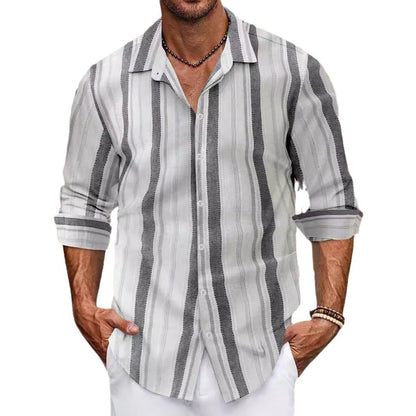 Color woven striped cotton linen button men's lapel long sleeved shirt