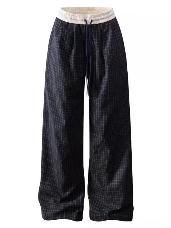 Navy Blue Checkered Casual Wide-Leg Pants