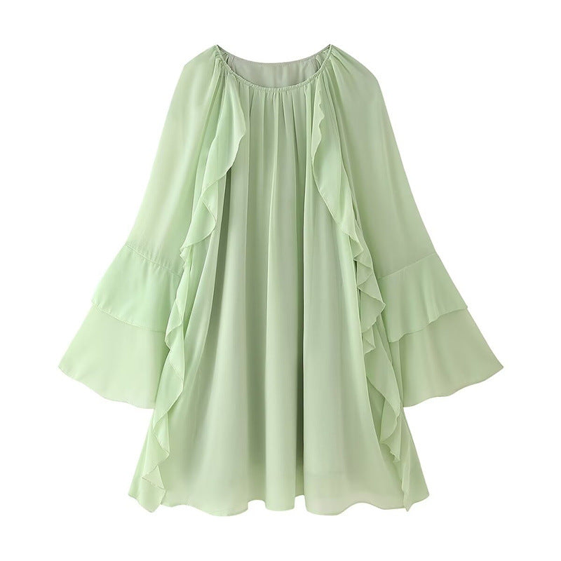 Fashionable and elegant layered round neck ruffle edge dress