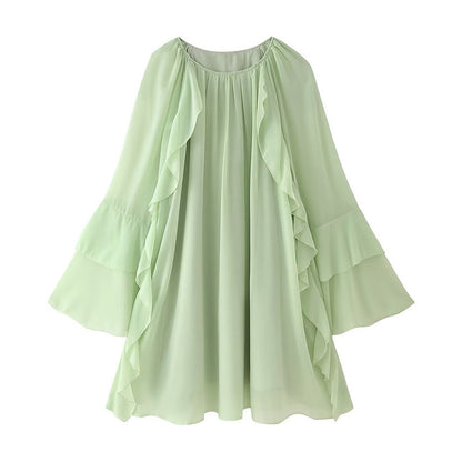 Fashionable and elegant layered round neck ruffle edge dress