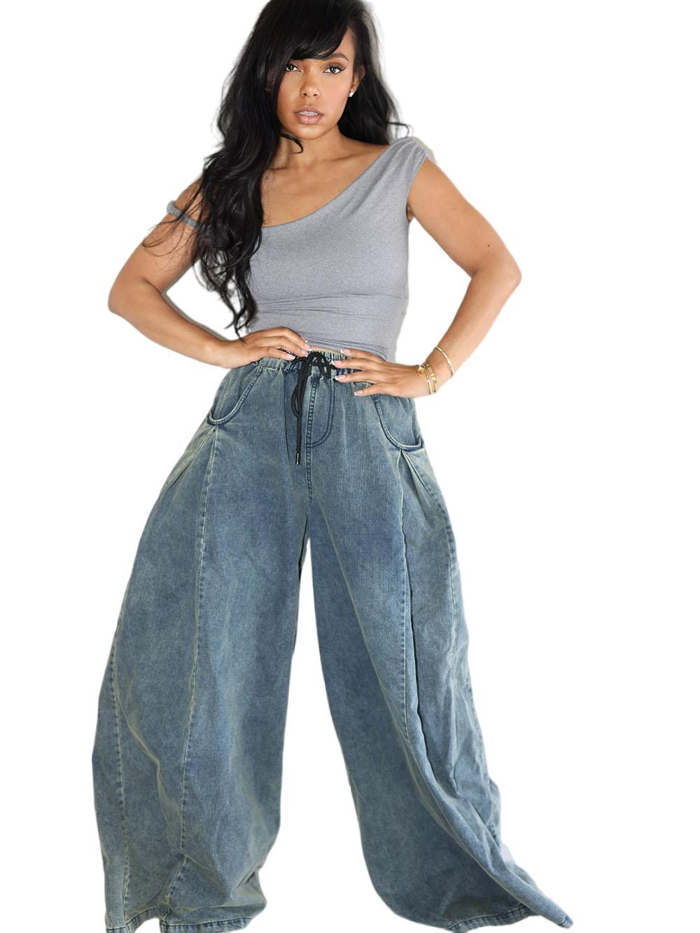 Casual Women's Straight Leg Jeans with Elastic Waist and Drawstring, Street Fashion StyleDenim Pants