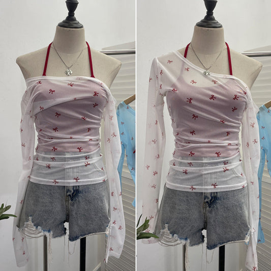 Two-Piece Set: Off-the-Shoulder Short Top with Long-Sleeve Sunscreen Cover-Up