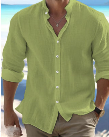 Casual Linen Button-Down Shirt for Men Long Sleeve Solid Color Stand Collar Summer Beach Wear Everyday Clothing