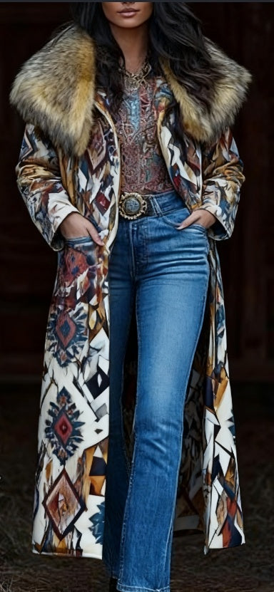 Retro Warm Printed Long Coat