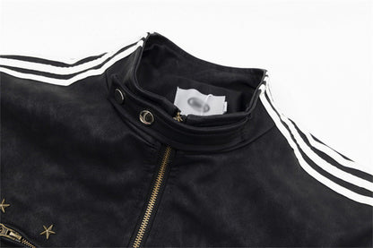 Losse Amerikaanse street winddichte Unisex PU-leren jas met rits/sterren versieringen