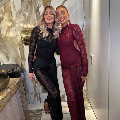 Kanten strik ronde hals lange mouwen jurk met cut out