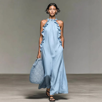 Women Sleeveless Halter Neck Ruffle Dress