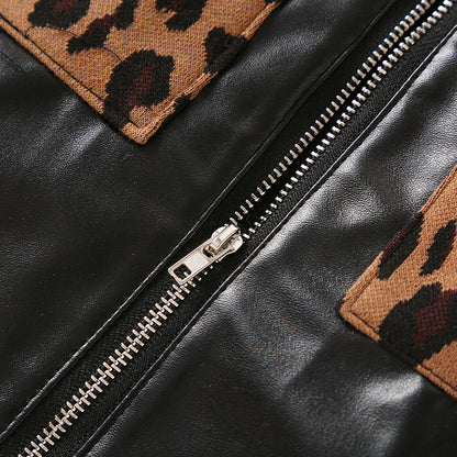 Pullover Bruin Luipaardprint En PU-leren Rokje Met Rits