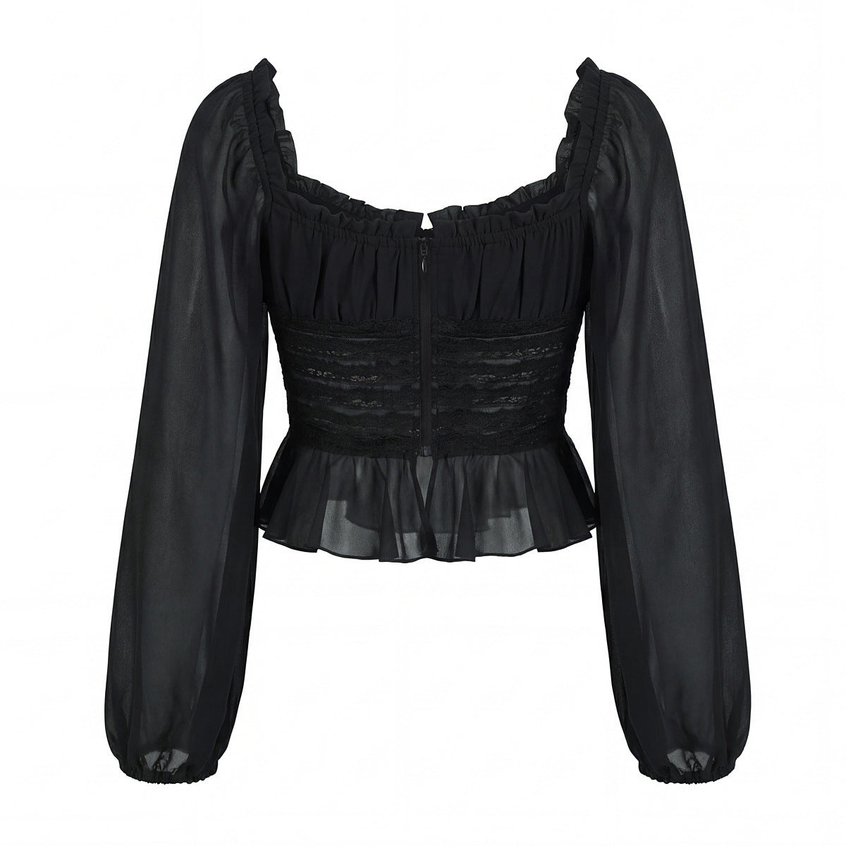 Sweet black long sleeved chiffon ruffle hem top