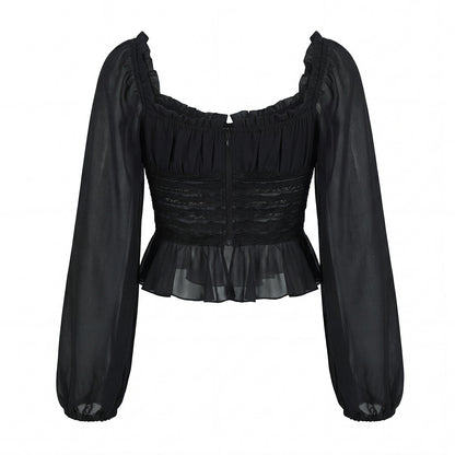 Sweet black long sleeved chiffon ruffle hem top