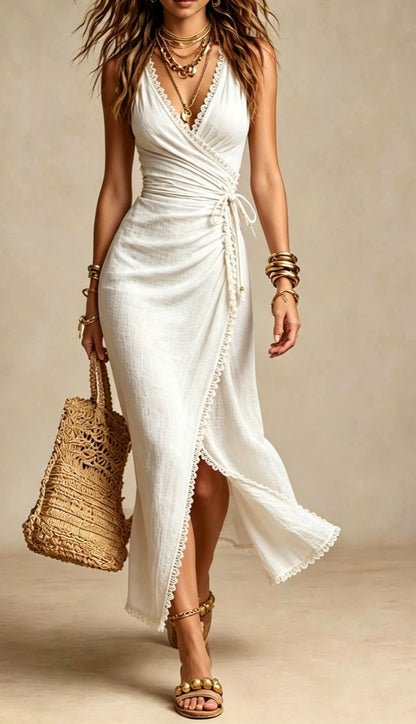 Textured V-Neck Wrap Dress with Tie