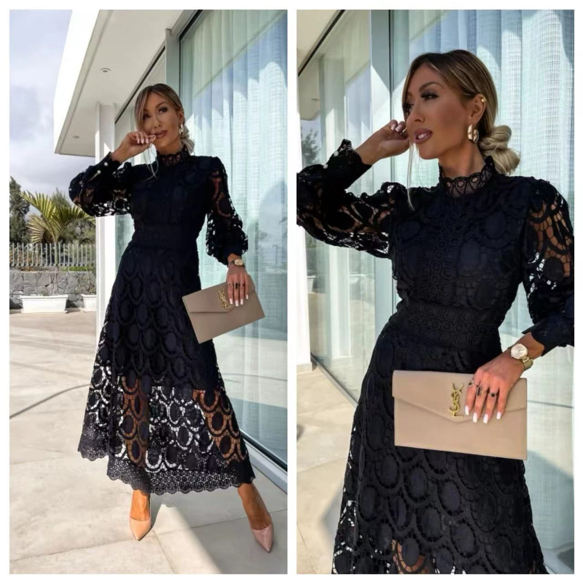 French Style Lace Collar Puff Sleeve Long Dress