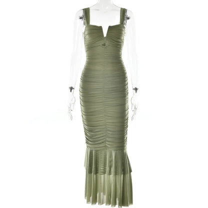 Mozision Hollow Out Backless Ruched Maxi Dress For Women Mesh Elegant Spaghetti Strap Sleeveless Bodycon Party Long Dress