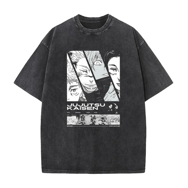 Summer AnimePrinted T-Shirt Cotton Washed Vintage Short Sleeve