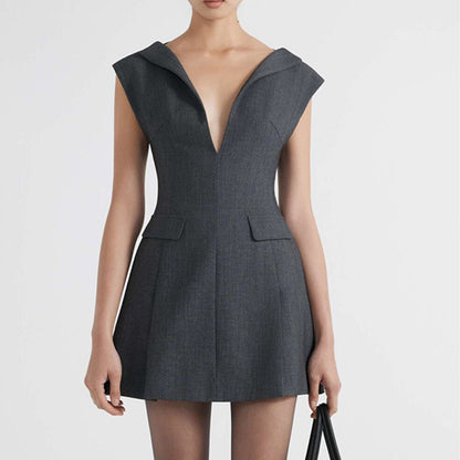 Elegant Solid Color V-Neck Fitted Short A-Line Dress for Women