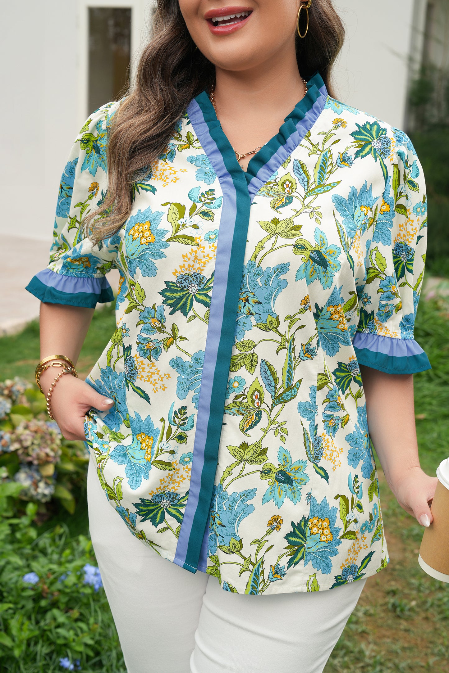 Blouse met ruches V-hals korte mouwen en bloemenprint plus size