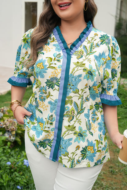 Blouse met ruches V-hals korte mouwen en bloemenprint plus size