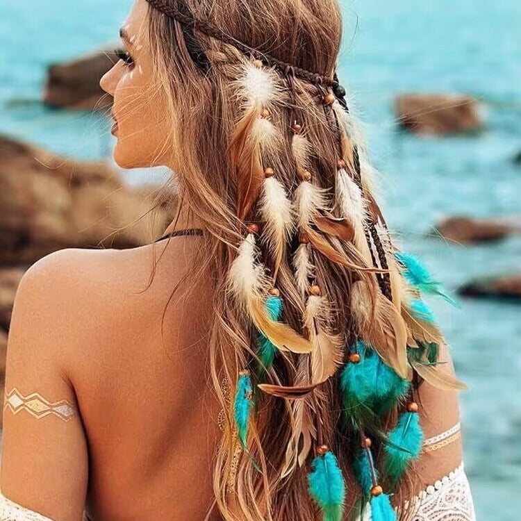 Boheemse lange tweekleurige veren haarband