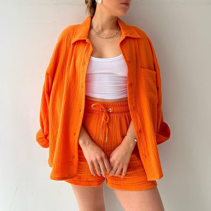Wrinkled collar long sleeved shirt high waisted drawstring shorts two-piece set