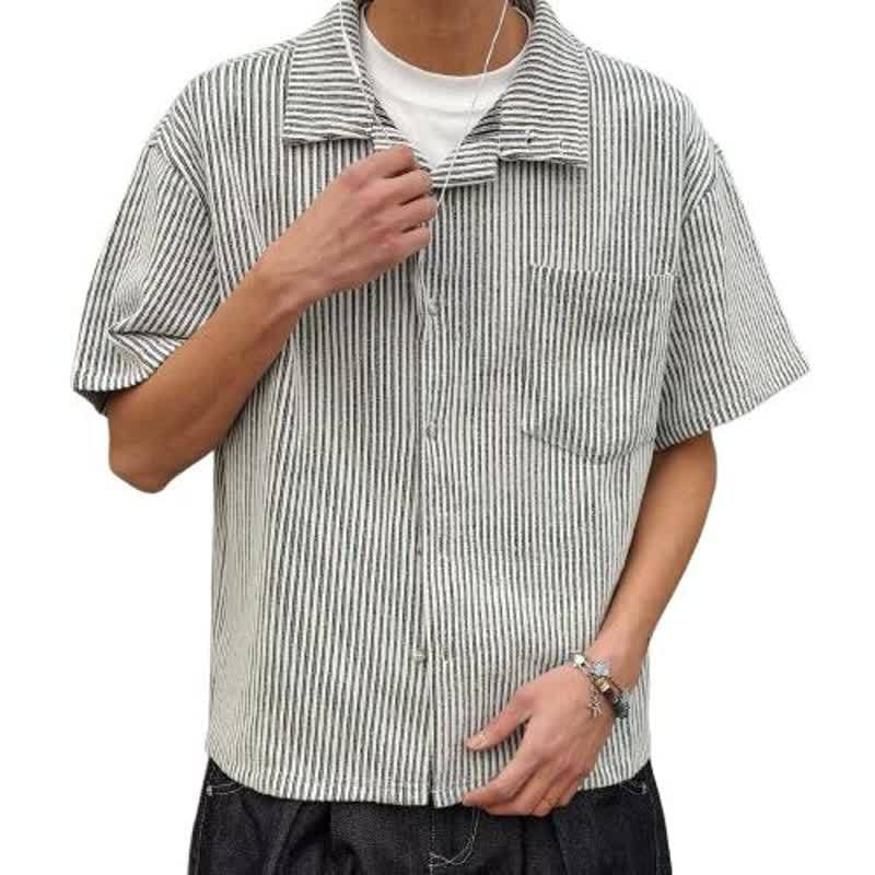 Klassiek preppy gestreept overhemd voor heren in vintage stijl losse pasvorm en korte mouwen