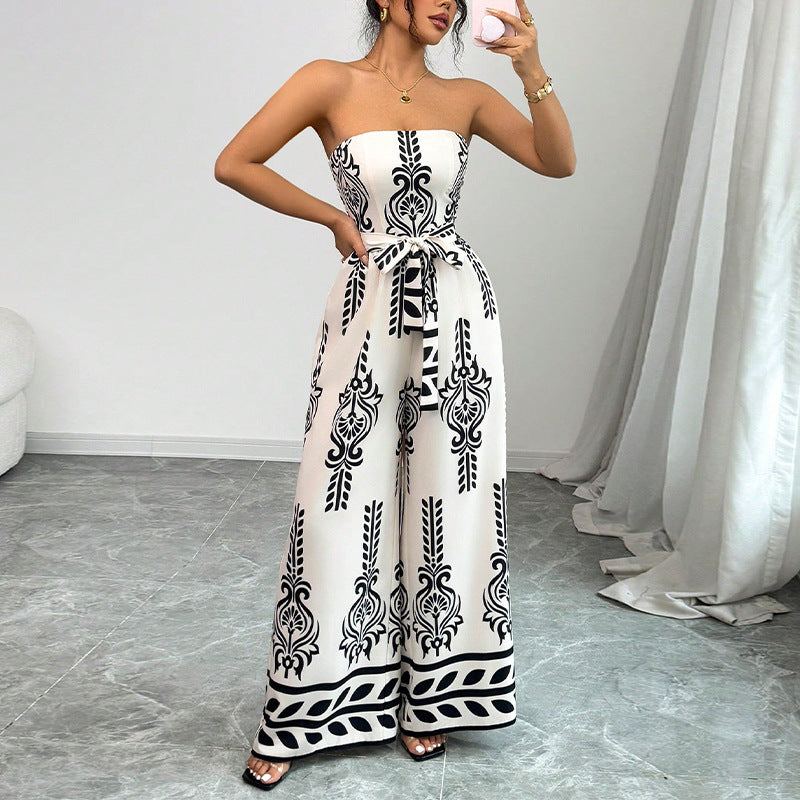 Bedrukte strapless jumpsuit met wijde pijpen en ceintuur nauwsluitende pasvorm