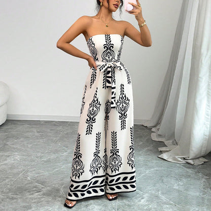 Bedrukte strapless jumpsuit met wijde pijpen en ceintuur nauwsluitende pasvorm