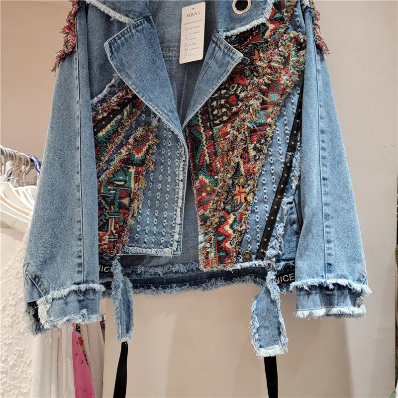 Dames etnisch geometrische bloemen geborduurde denimjack met klinknagels