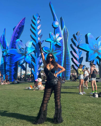 Perspective gelaagde mesh flared broek