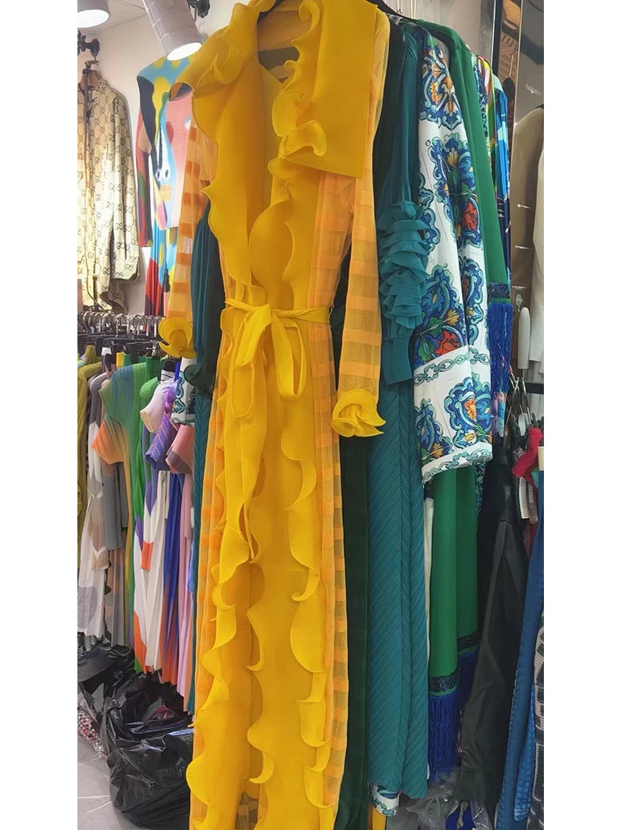 Heavy Industry Pleated Set Solid Flounced Edge Full Sleeved Sexy Evening Party Two Piece Sets for Women