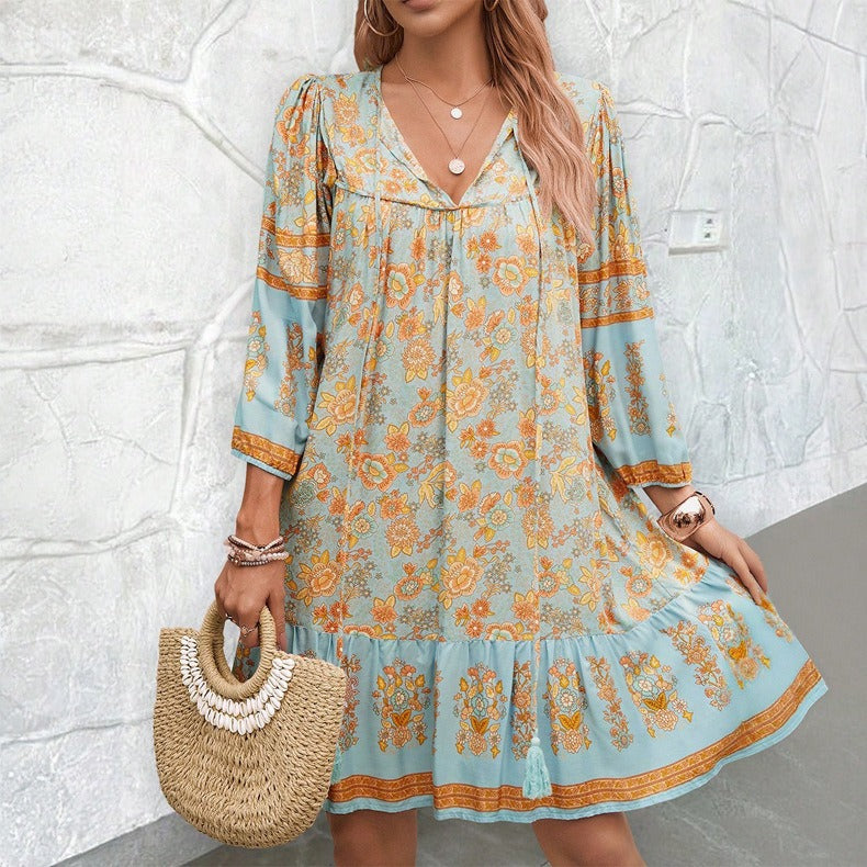 European and American women's spring and summer bohemian casual V-neck printed dress