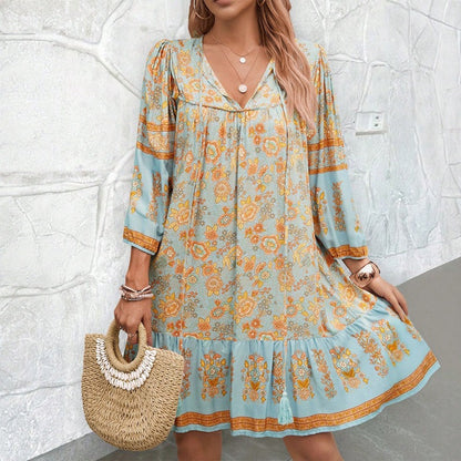 European and American women's spring and summer bohemian casual V-neck printed dress