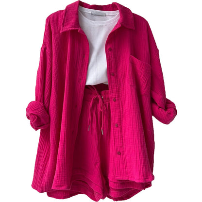 Women's wrinkled lapel long-sleeved shirt high-waisted drawstring shorts fashionable casual Casual two-piece set