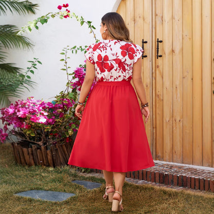 Plus Size Geprinte Patchwork Rode Jurk met Korte Mouwen en Ceintuur
