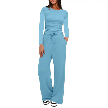 Casual Solid Color Long Sleeve Top & High-Waisted Wide Leg Pants Set Sportswear