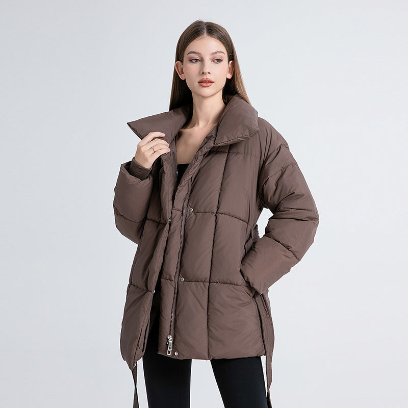 Mid-length womens winter coat with belt