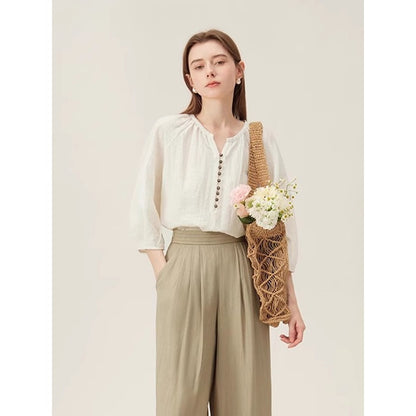 French Linen Shirt Women Three Quarter Sleeve Casual Top