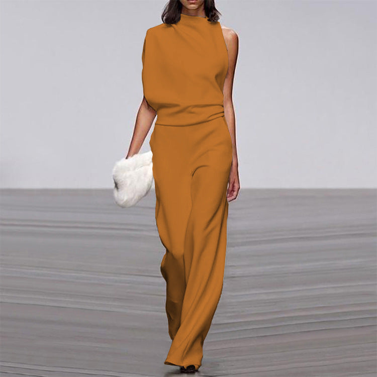 Womens Solid Color One Shoulder Ruched Collar Jumpsuit