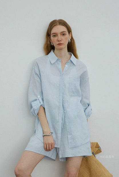 Womens Linen Casual Oversized Shirt Shorts Set