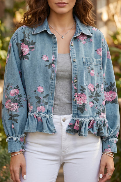 Denimjas met bloemenprint en ruches aan de zoom