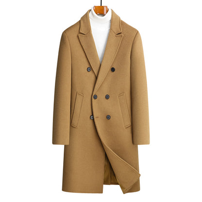 Men Woolen Coat Double Breasted Suit Collar Mid Long Jacket