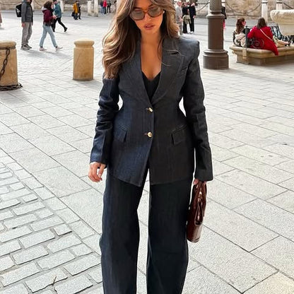 Sierlijke denim 3-delige mantelpak of los