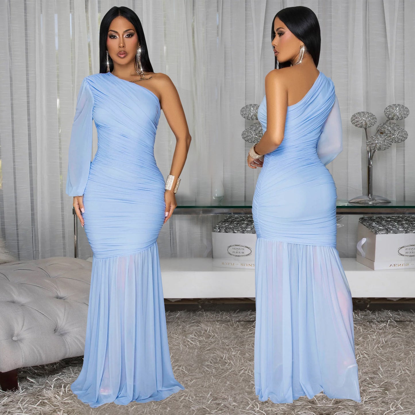 Fashion Women's Sexy Asymmetrical Sleeve Mesh Elegant Dress
