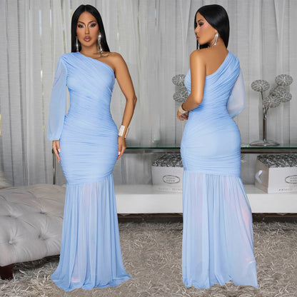 Fashion Women's Sexy Asymmetrical Sleeve Mesh Elegant Dress