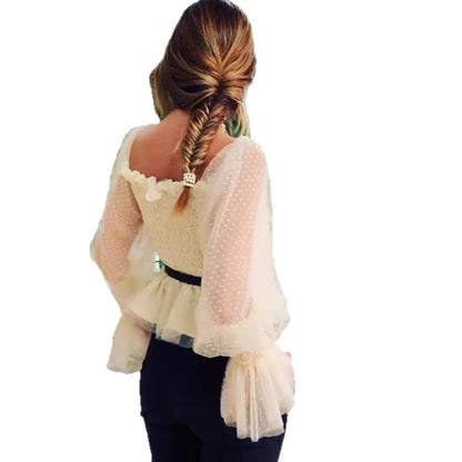 Women's Backless Pleated Mesh Top with Bubble Sleeves Chiffon Blouse