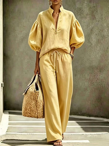 Womens Half-Zip Lantern Sleeve Casual Suit